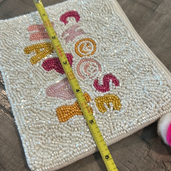 White Sead Beaded Purse “Choose Happy" Pom Pom Accent Pastel Lettering Coquettes - Picture 8 of 8